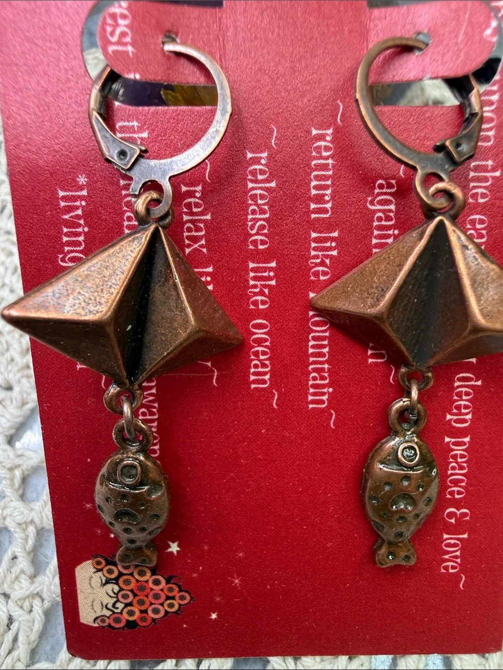 Geometric Copper Drop Earrings with Fish Charm